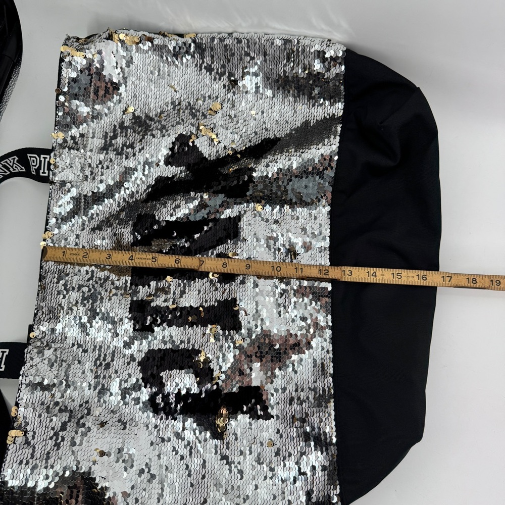 NWOT PINK By Victoria Secret Sequin Tote Bag Silver‎ Black Spellout straps - Picture 11 of 15